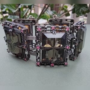 Vintage Sarah Coventry "Midnight Magic" Smoked & Pink Glass Link Bracelet  7.5”